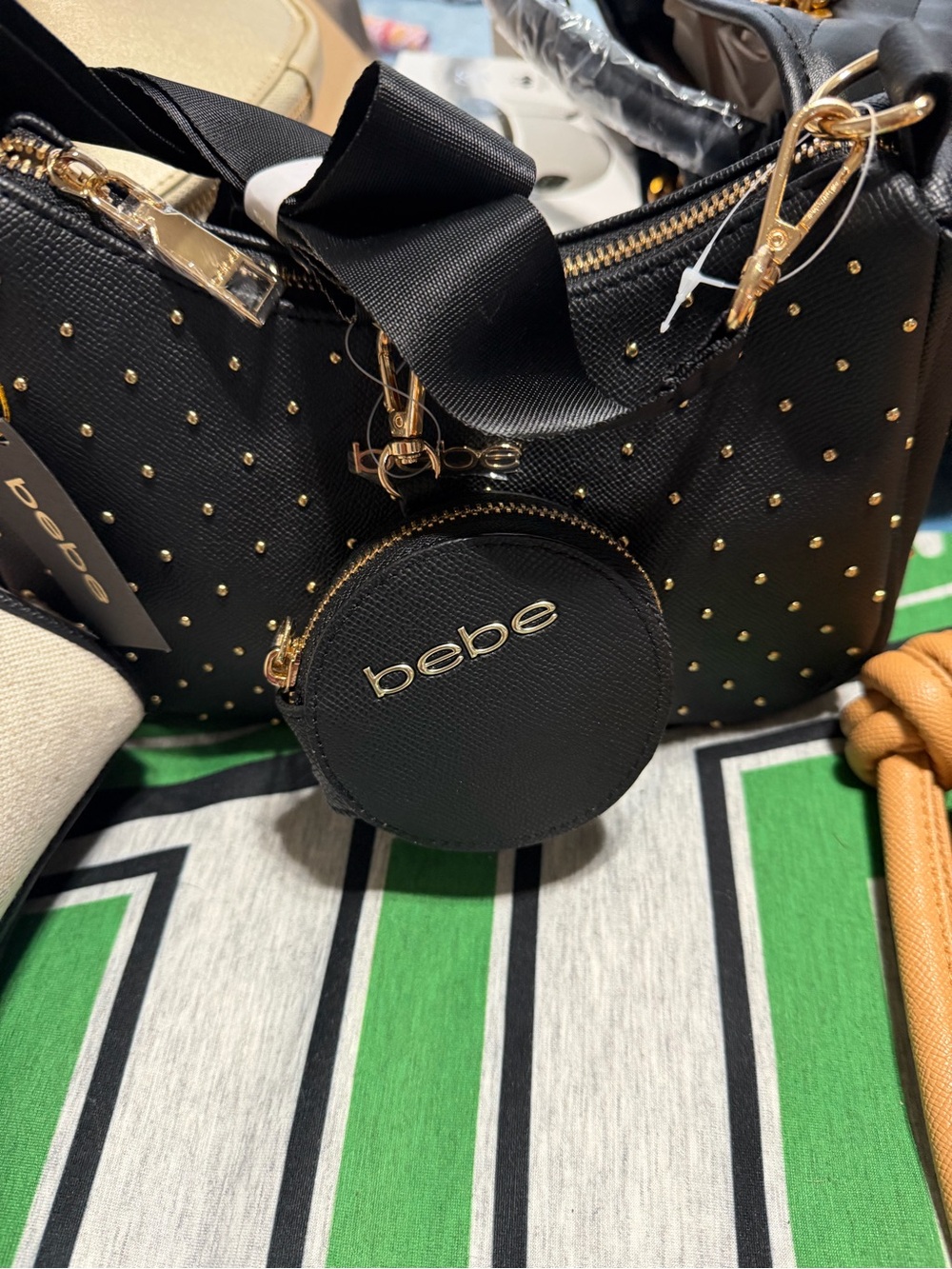 bebe Black Shoulder Bag with Gold Studs and Coin Pouch